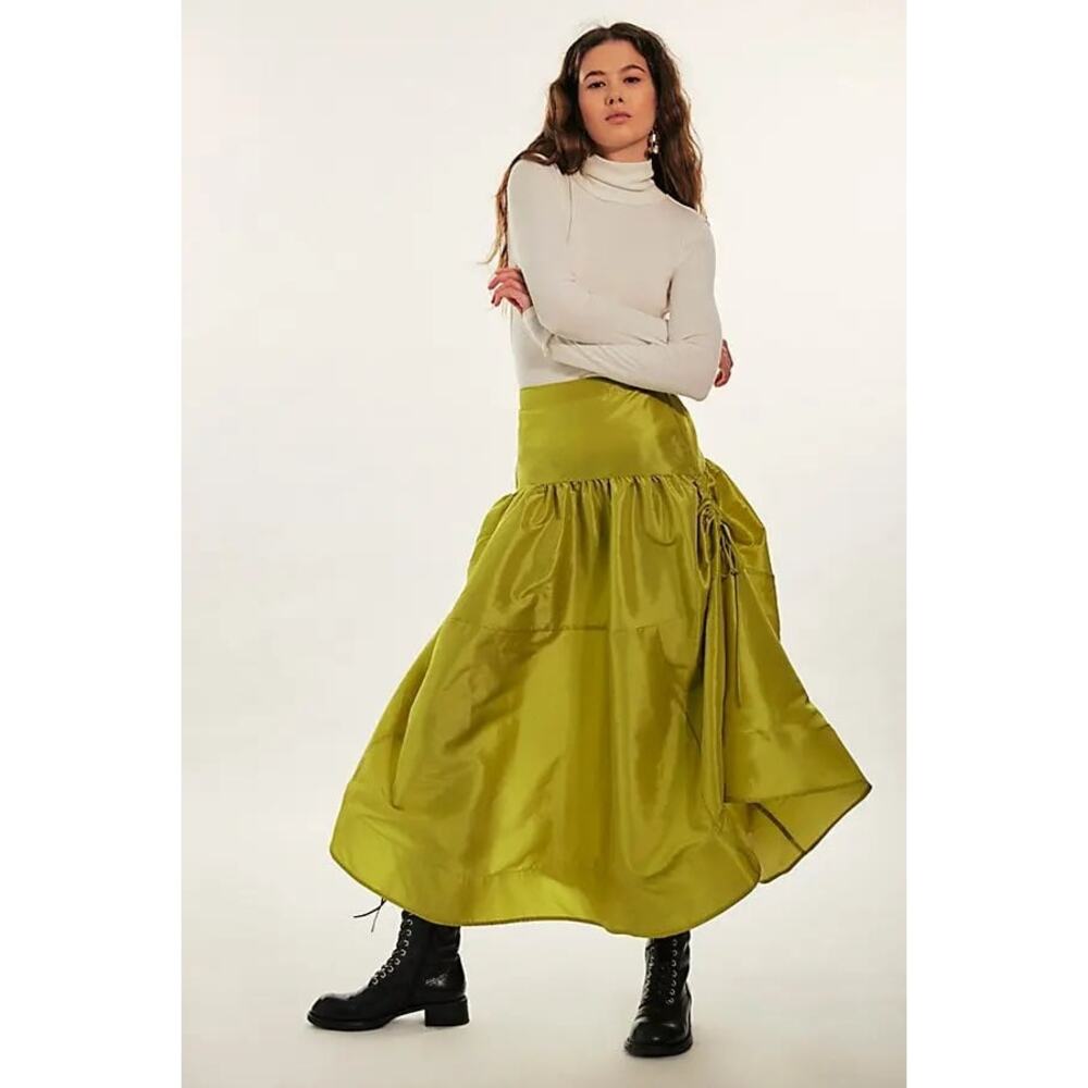 New FREE PEOPLE Emery Drop-Waist Midi Skirt $128 X-SMALL Lentil Sprout Elastic